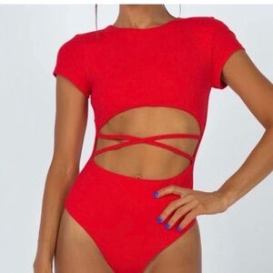 Princess Polly Kids Bright Red Ribbed Cutout Bodysuit